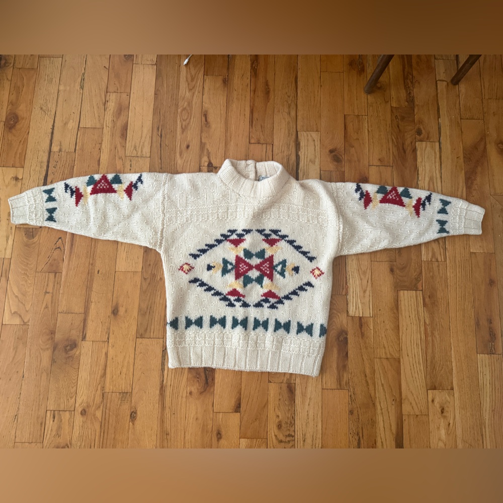 Cream Aztec Pattern Knit Sweater with Red & Green Accents